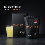 Proven Recovery bag with product box and mixed drink. Take control of your recovery.
